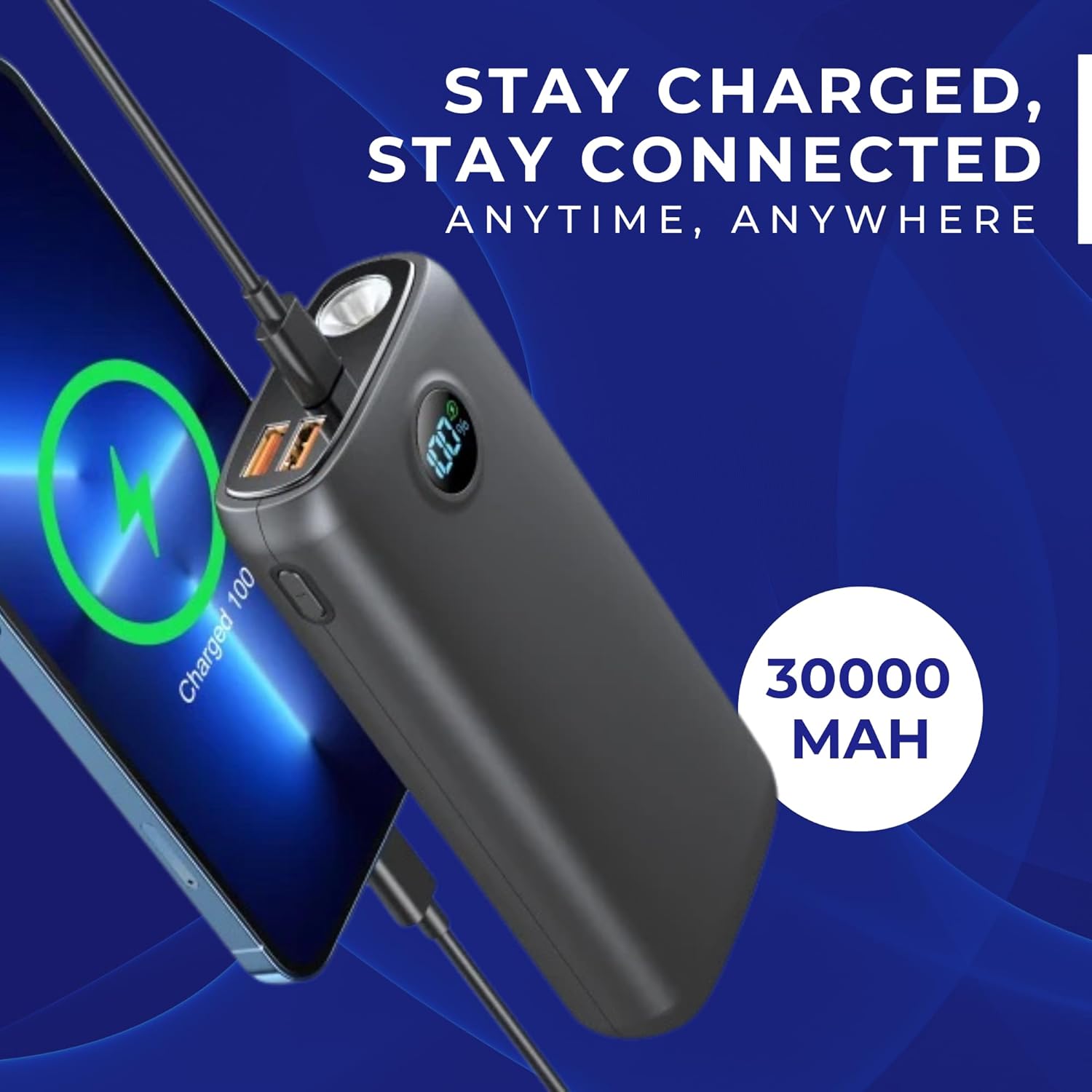 30,000mAh Power Bank with LED Display - Portable Charger for Triple Device Charging - with USB-C & Dual USB-A - Fast & Quick Charging - Slim, High Capacity Phone & Laptop Charger - External Battery - ThunderB Store