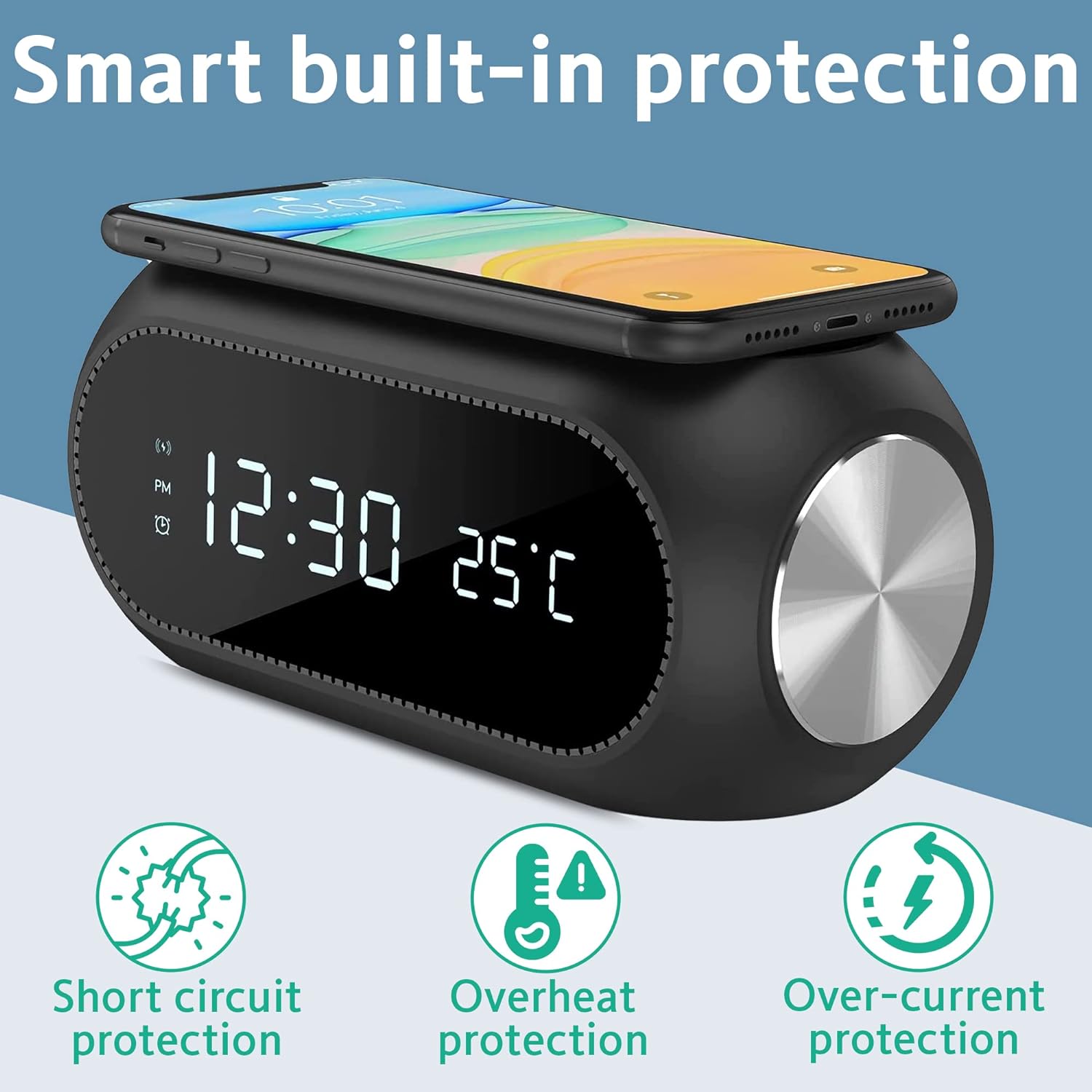 Alarm Digital Clock with Wireless Charger - Qi Fast Charger Compatible with iPhone & Android - Wireless Charging Station for Bedroom, Night Table Office, Desk - Cable-Free Charging Clock - Thunderb Store