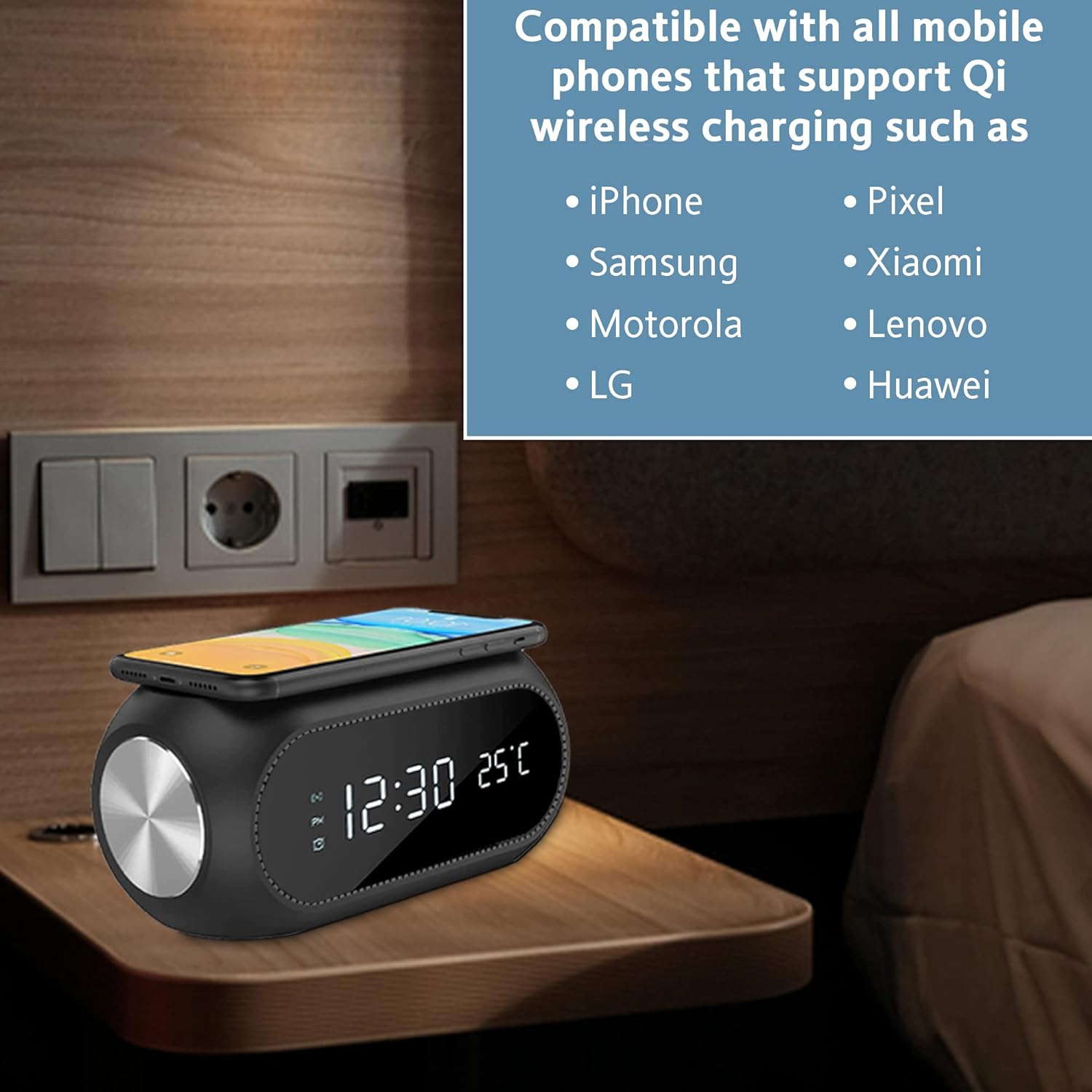 Alarm Digital Clock with Wireless Charger - Qi Fast Charger Compatible with iPhone & Android - Wireless Charging Station for Bedroom, Night Table Office, Desk - Cable-Free Charging Clock - Thunderb Store