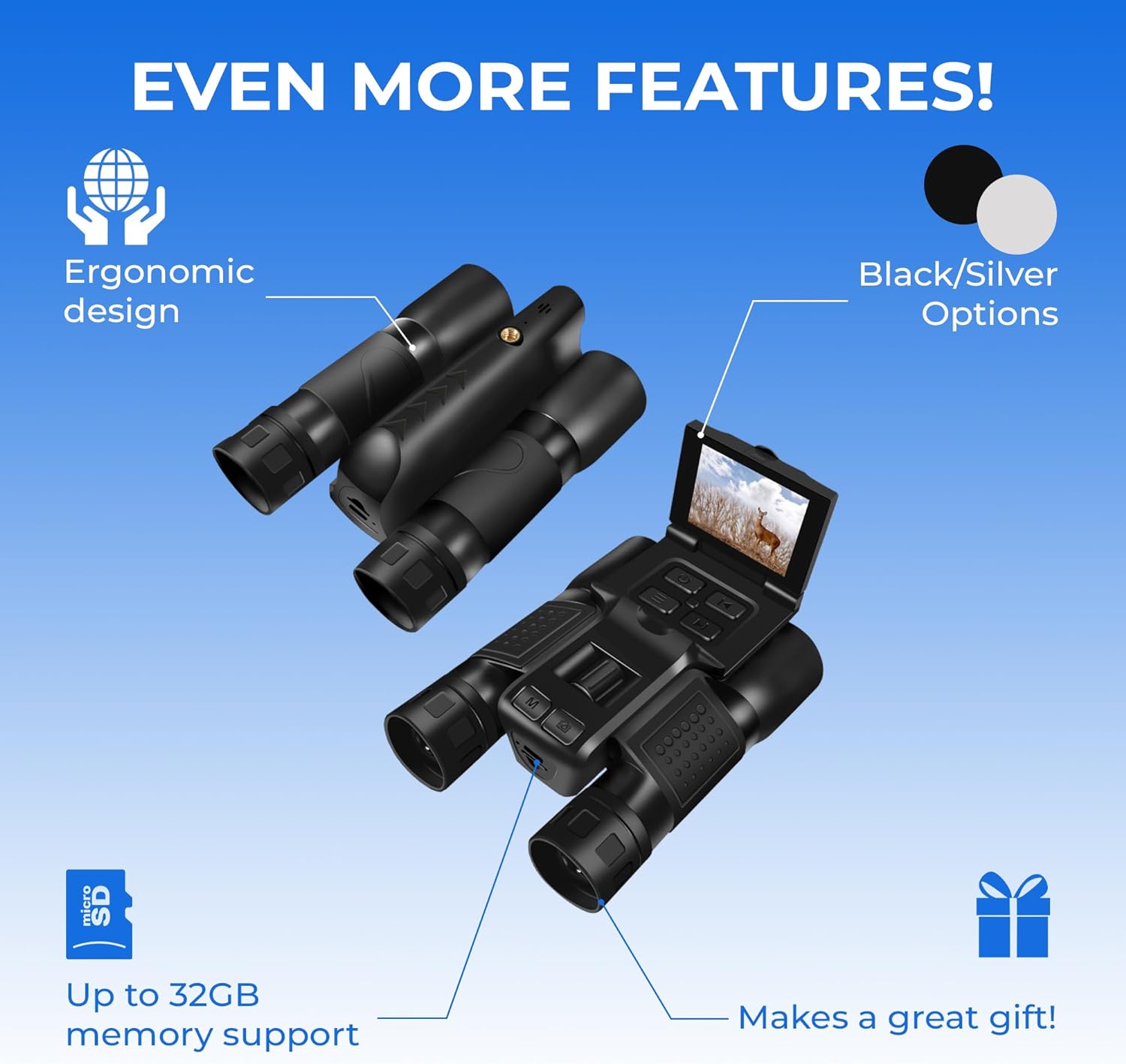 Digital Binoculars with Camera & Video Recording 12 x 32 High Powered 5MP Camcorder for Bird Watching Cameras, Football Binoculars, Concerts Hunting 2.4” LCD Display Screen, Night Vision Zoom (Black) - Thunderb Store