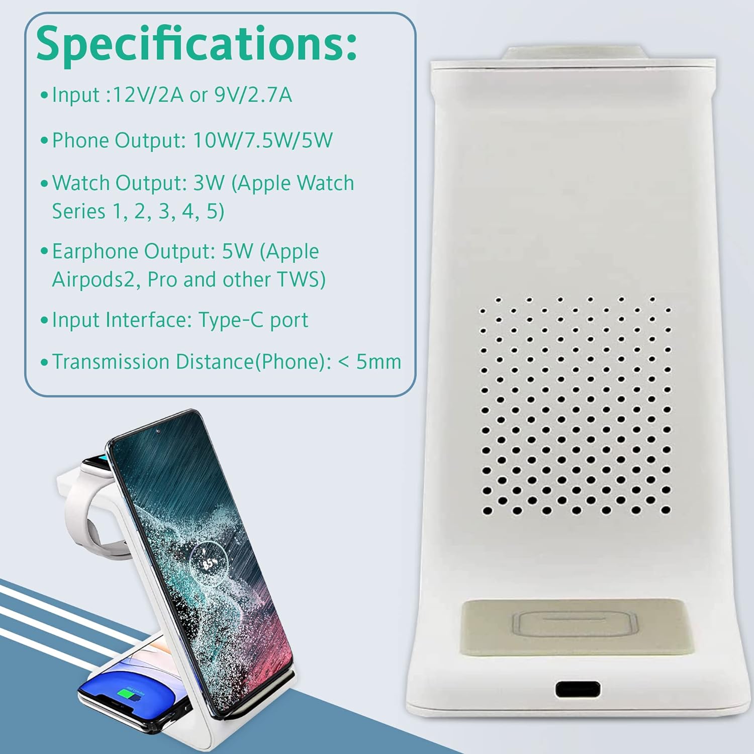 Fast Wireless Charger Station for Samsung, Android, Watch, and buds (White) - Thunderb Store