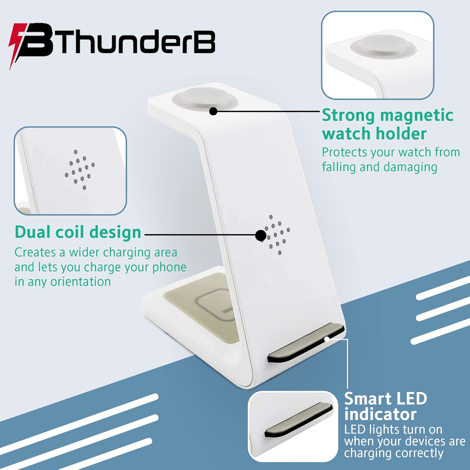 Fast Wireless Charger Station for Samsung, Android, Watch, and buds (White) - Thunderb Store