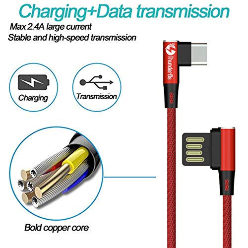 ThunderBs Heavy Duty Type C Cable USB Charger - Durable Nylon Right Angle USB Compatible with Samsung and More (3 Feet, Red)