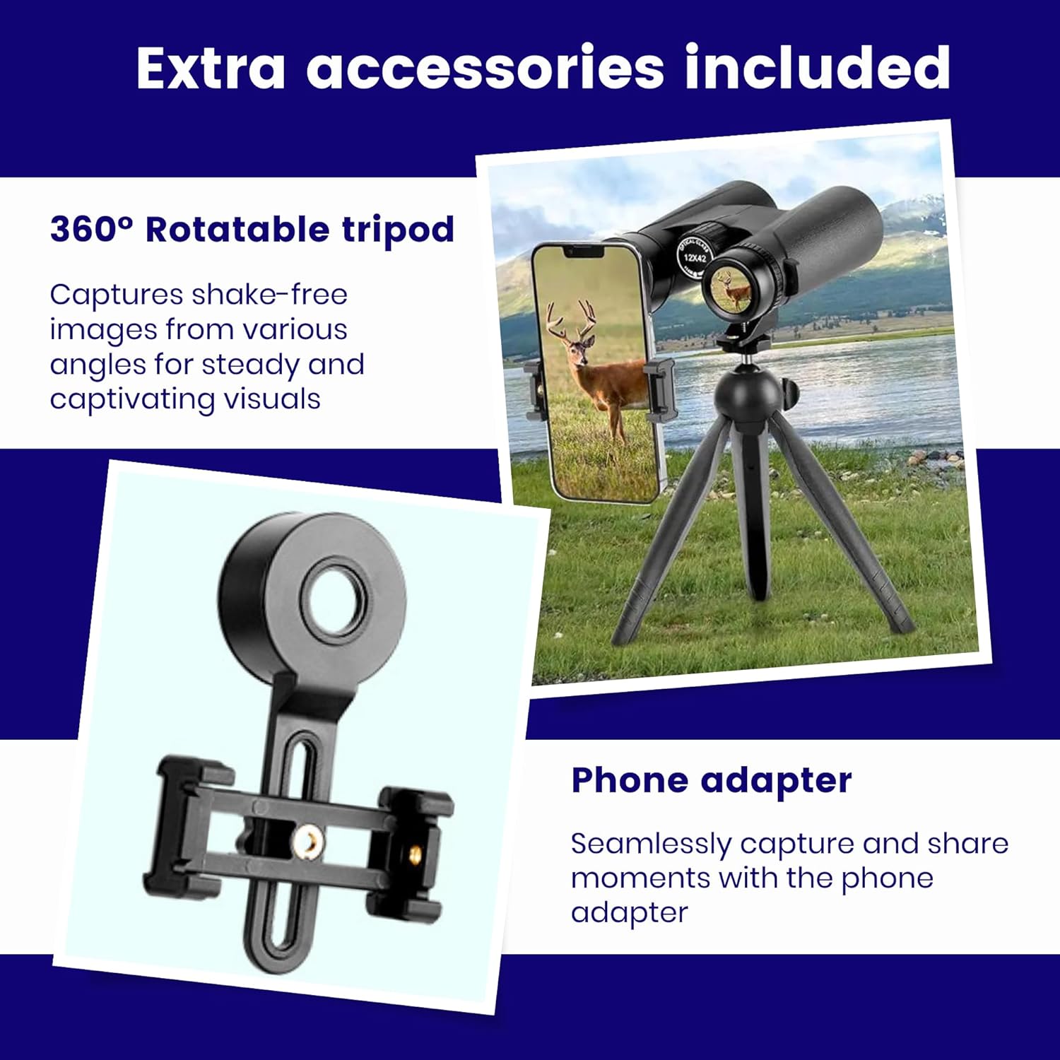 Thunderb 12x42 High Powered Binoculars for Adults with Phone Adapter, Tripod and Tripod Adapter- Clear Large View for Birdwatching, Hiking, Camping, Stargazing, Sport Games, Concerts (Black) - Thunderb Store