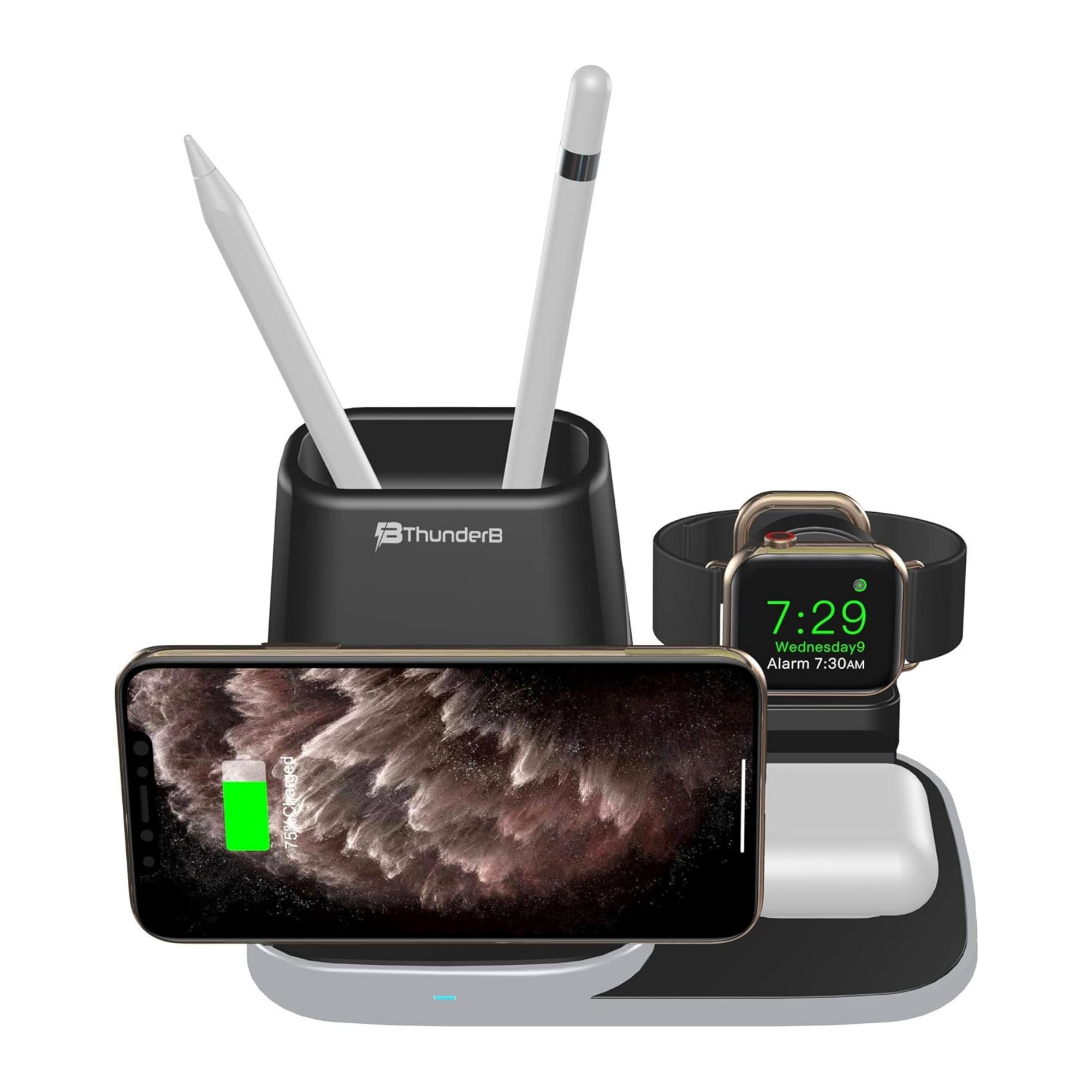 Thunderb 3 in 1 Wireless Charger Station for iPhone, Samsung, Watch, and Airpods with Portable USB Charger and Pen & Pencils Storage (Black)