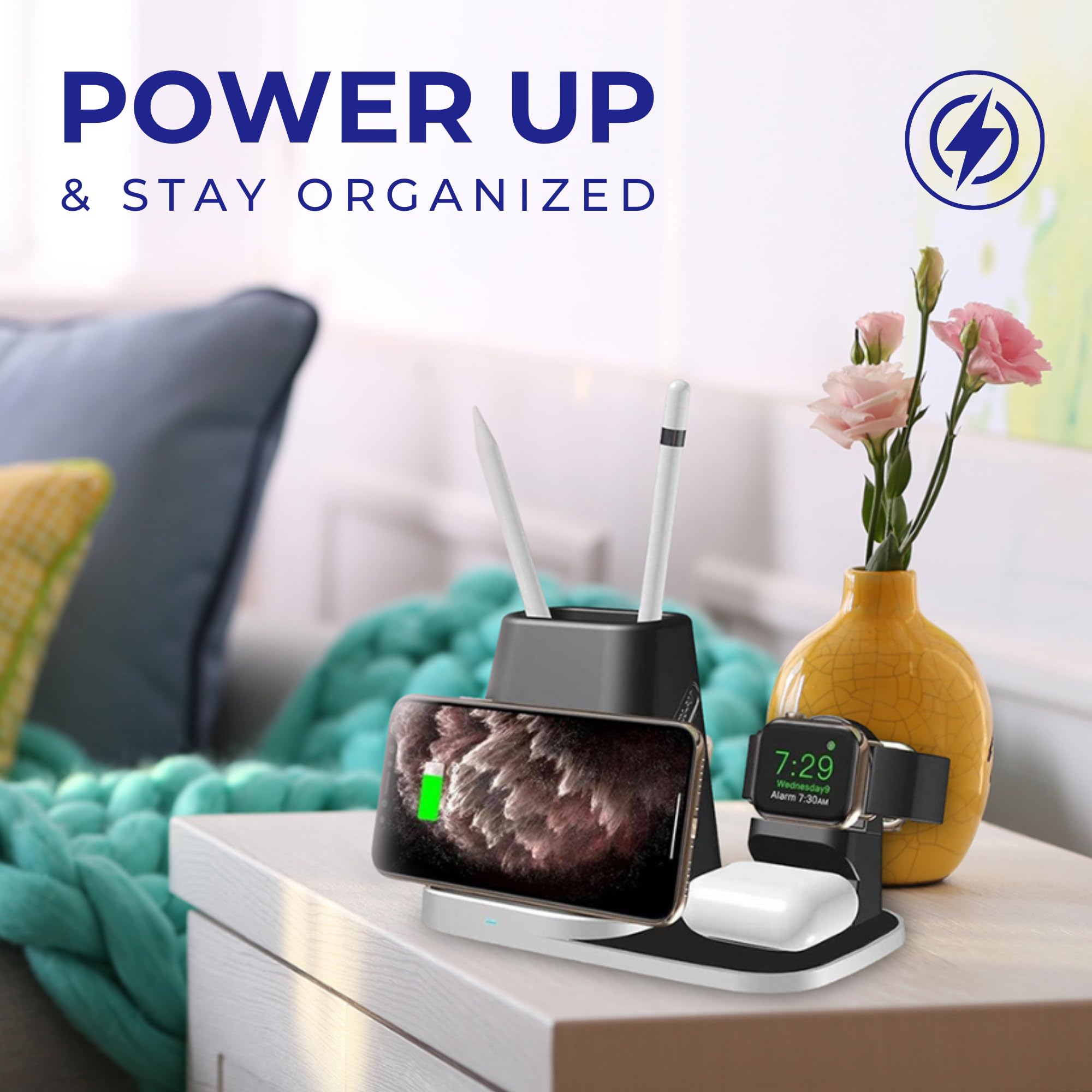 Thunderb 3 in 1 Wireless Charger Station for iPhone, Samsung, Watch, and Airpods with Portable USB Charger and Pen & Pencils Storage (Black)