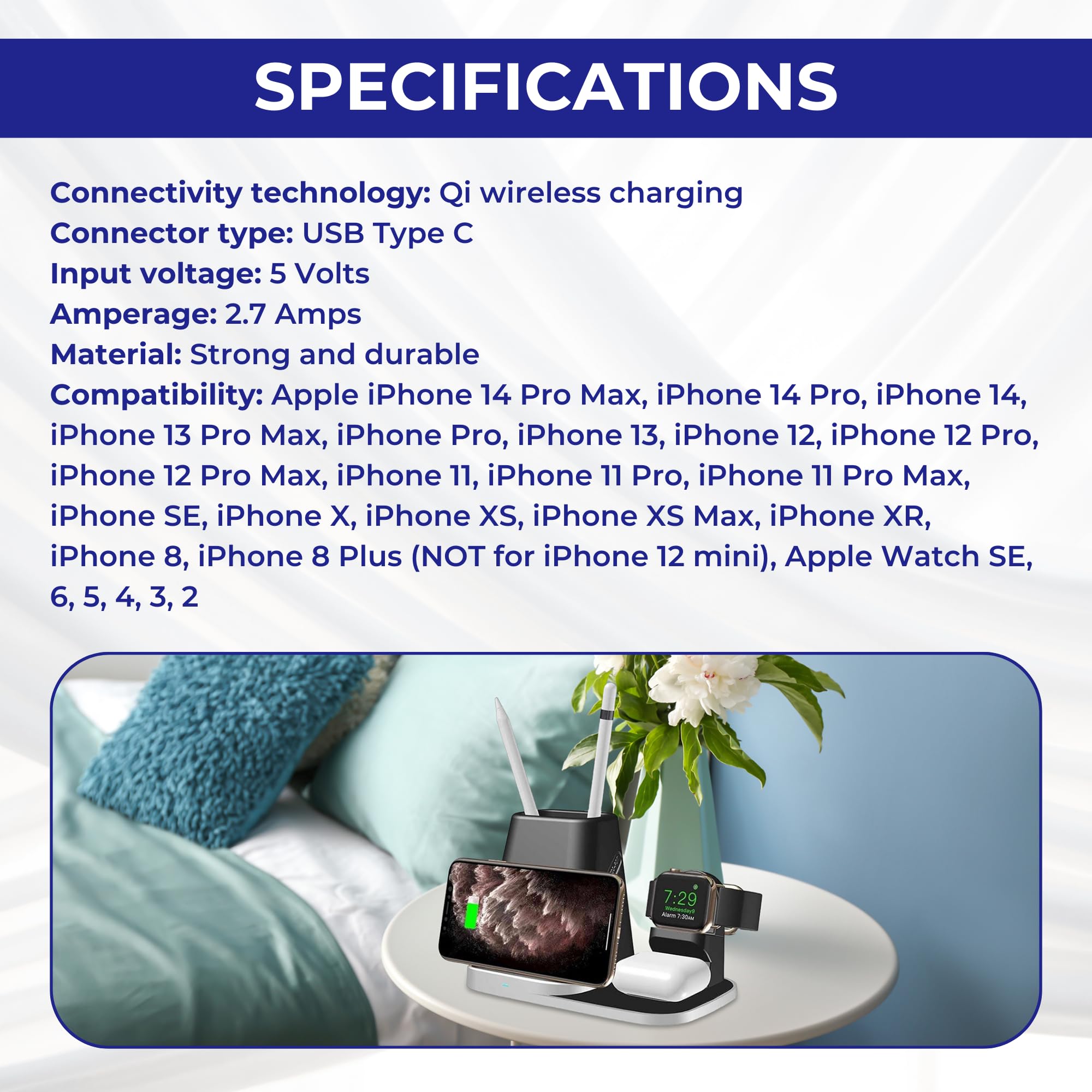 Thunderb 3 in 1 Wireless Charger Station for iPhone, Samsung, Watch, and Airpods with Portable USB Charger and Pen & Pencils Storage (Black)