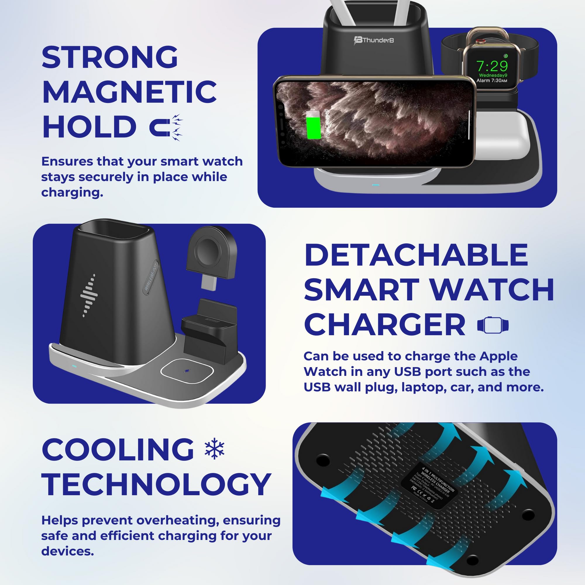 Thunderb 3 in 1 Wireless Charger Station for iPhone, Samsung, Watch, and Airpods with Portable USB Charger and Pen & Pencils Storage (Black)