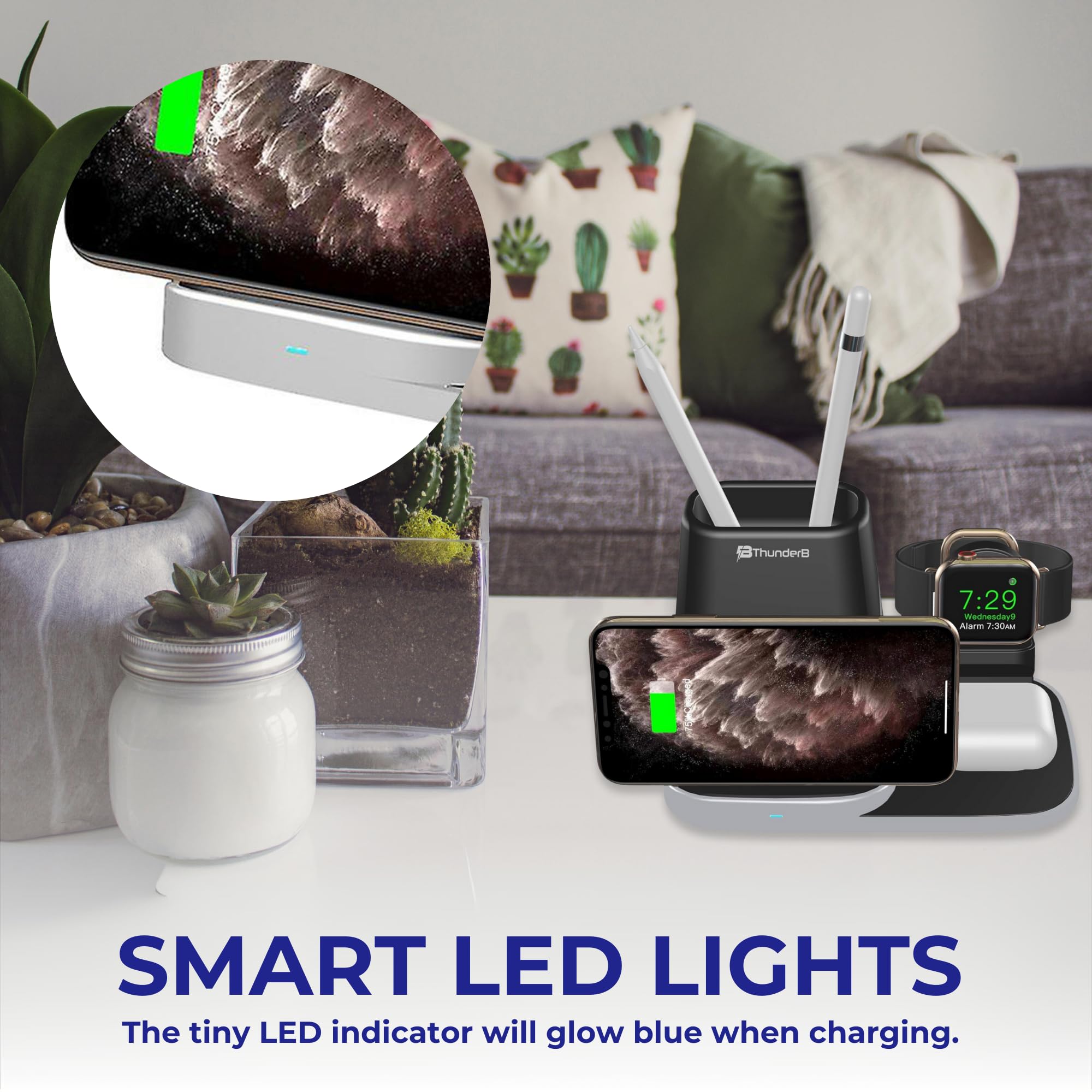 Thunderb 3 in 1 Wireless Charger Station for iPhone, Samsung, Watch, and Airpods with Portable USB Charger and Pen & Pencils Storage (Black)