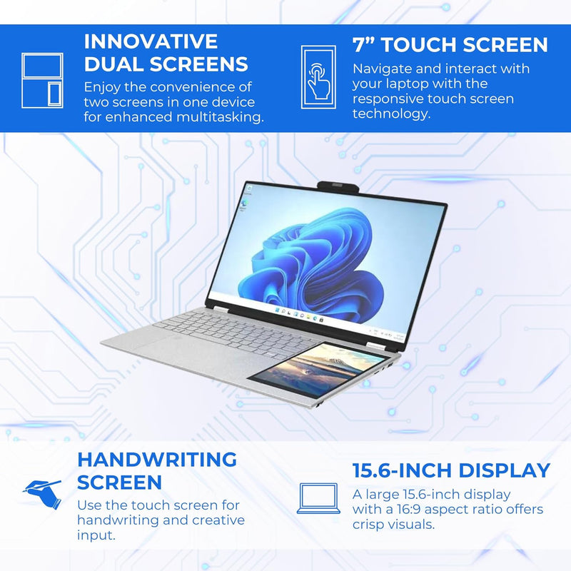 New - Laptop 15.6" Dual Screen 7" with Fast Quad Core Intel (2.90GHz) 16GB RAM - Fingerprint Unlock, Backlit Keyboard, Bluetooth, Camera, HDMI, HD Speakers, TypeC, USB 3.0, Windows 11 Pro