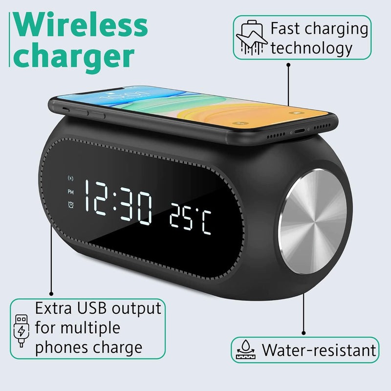 Alarm Digital Clock with Wireless Charger - Qi Fast Charger Compatible with iPhone & Android - Wireless Charging Station for Bedroom, Night Table Office, Desk - Cable-Free Charging Clock - Thunderb Store
