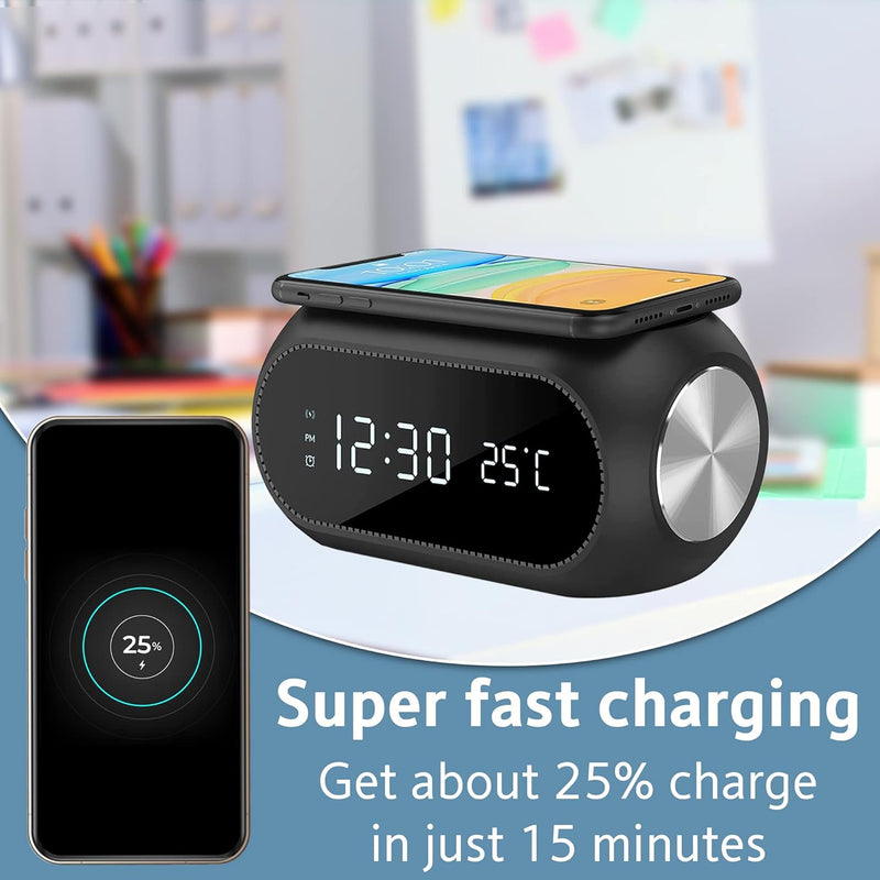 Alarm Digital Clock with Wireless Charger - Qi Fast Charger Compatible with iPhone & Android - Wireless Charging Station for Bedroom, Night Table Office, Desk - Cable-Free Charging Clock - Thunderb Store