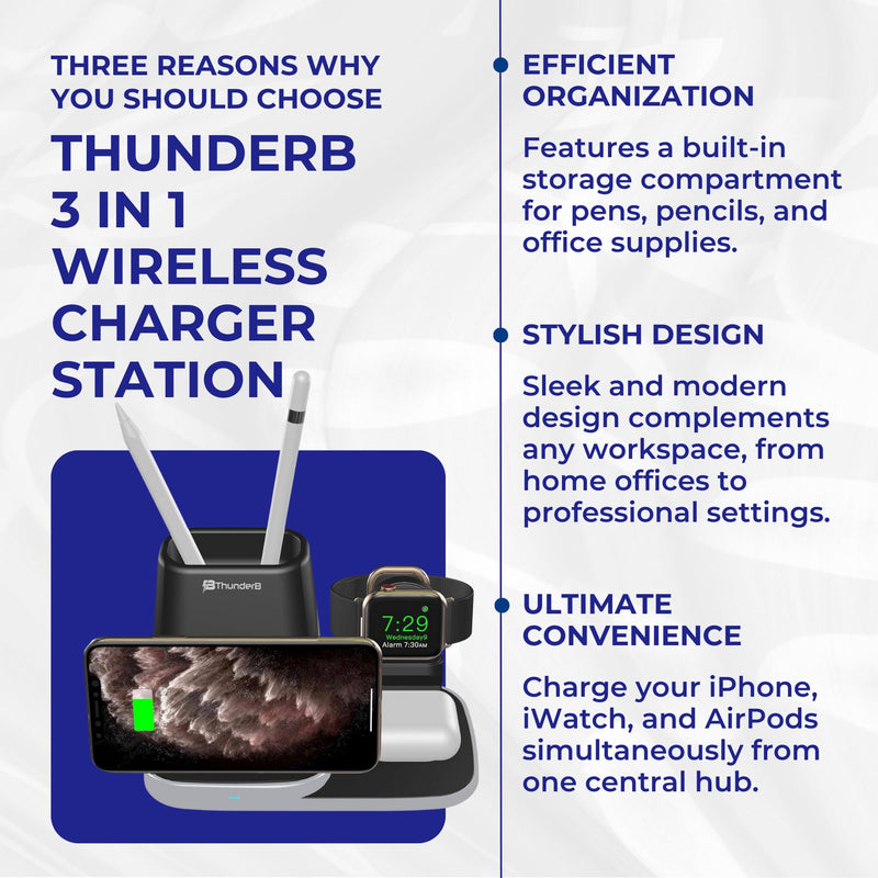 Thunderb 3 in 1 Wireless Charger Station for iPhone, Samsung, Watch, and Airpods with Portable USB Charger and Pen & Pencils Storage (Black)