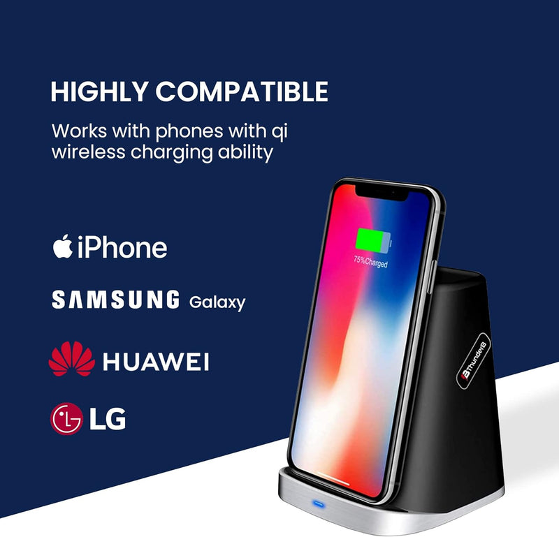 Thunderb Wireless Charger Stand with Accessories Holder - Fast Charging Stand Dock - Compatible with iPhone 14, 13, 12, 11, X, XR, Pro Max, Pro, and Samsung S23, S22, S21, S20, S10, Android