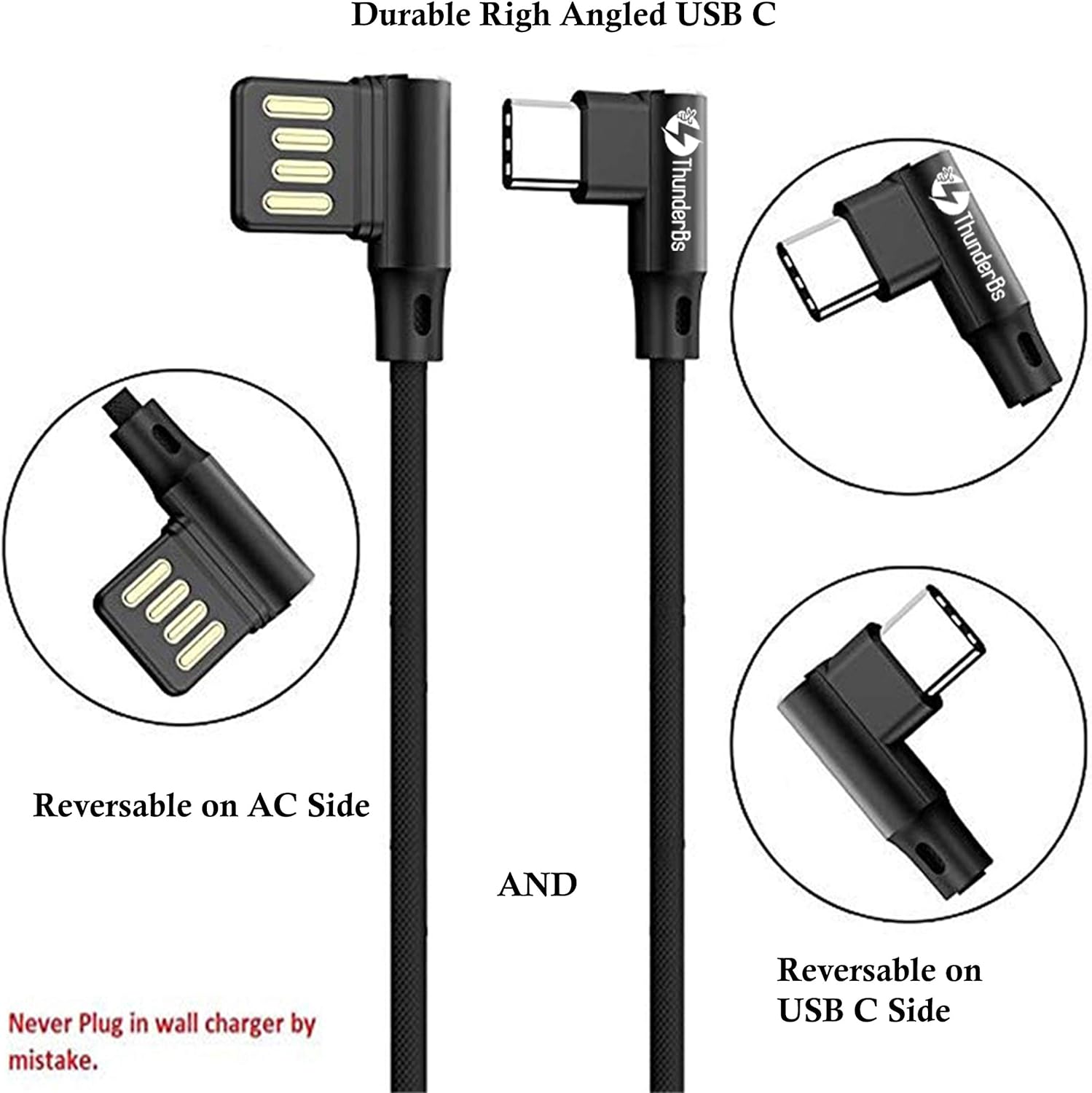 ThunderBs Heavy Duty USB C Cable 3.6ft Charger and Data Transfer - Durable Nylon 90 Degree Right Angle USB C Cable (Black)